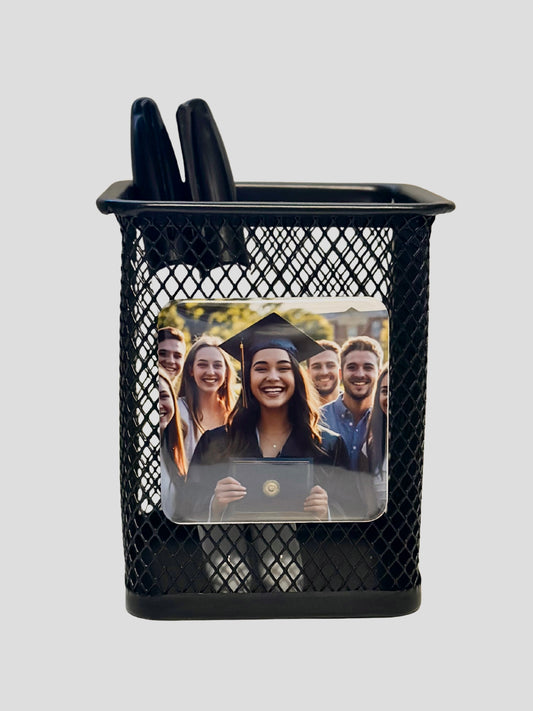 Mesh Pen Holder with Custom Photo magnet (2x2") - Personalized Desk organizer