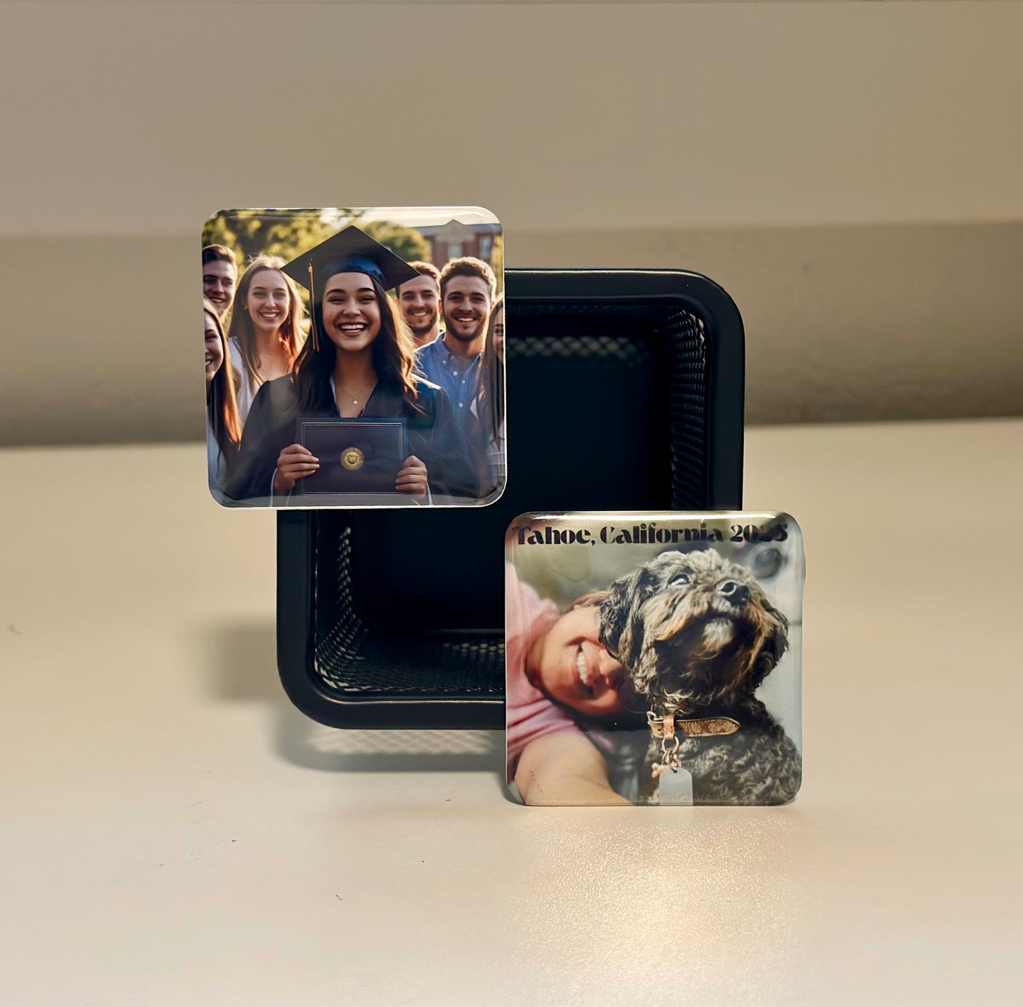 Mesh Pen Holder with Custom Photo magnet (2x2") - Personalized Desk organizer