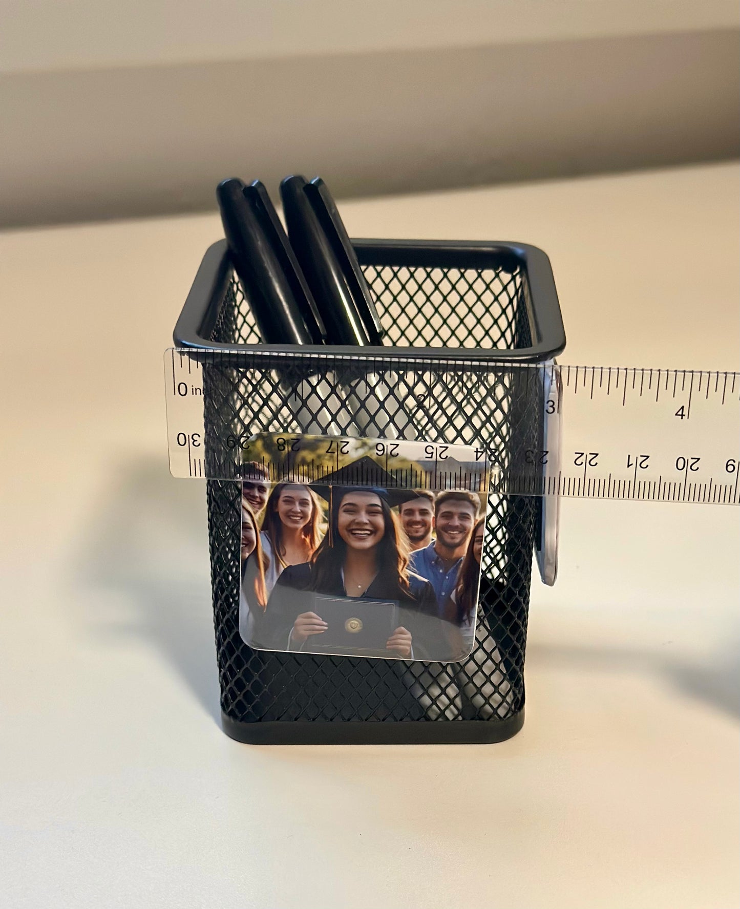 Mesh Pen Holder with Custom Photo magnet (2x2") - Personalized Desk organizer