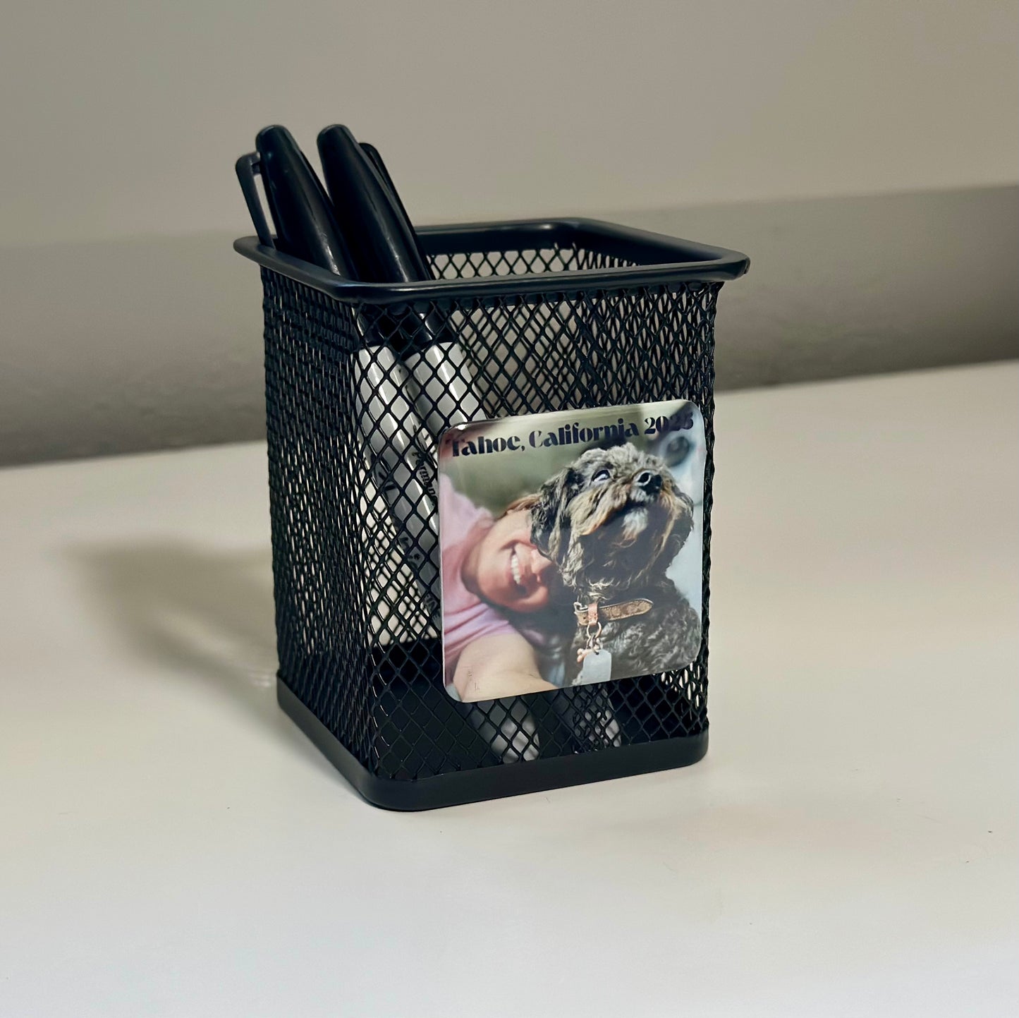 Mesh Pen Holder with Custom Photo magnet (2x2") - Personalized Desk organizer