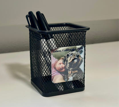 Mesh Pen Holder with Custom Photo magnet (2x2") - Personalized Desk organizer