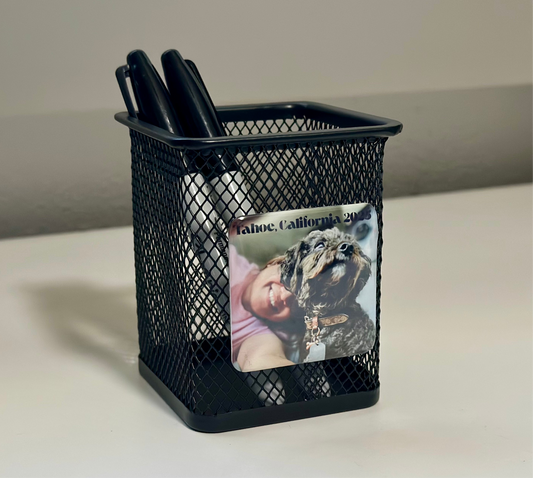 Mesh Pen Holder with Custom Photo magnet (2x2") - Personalized Desk organizer