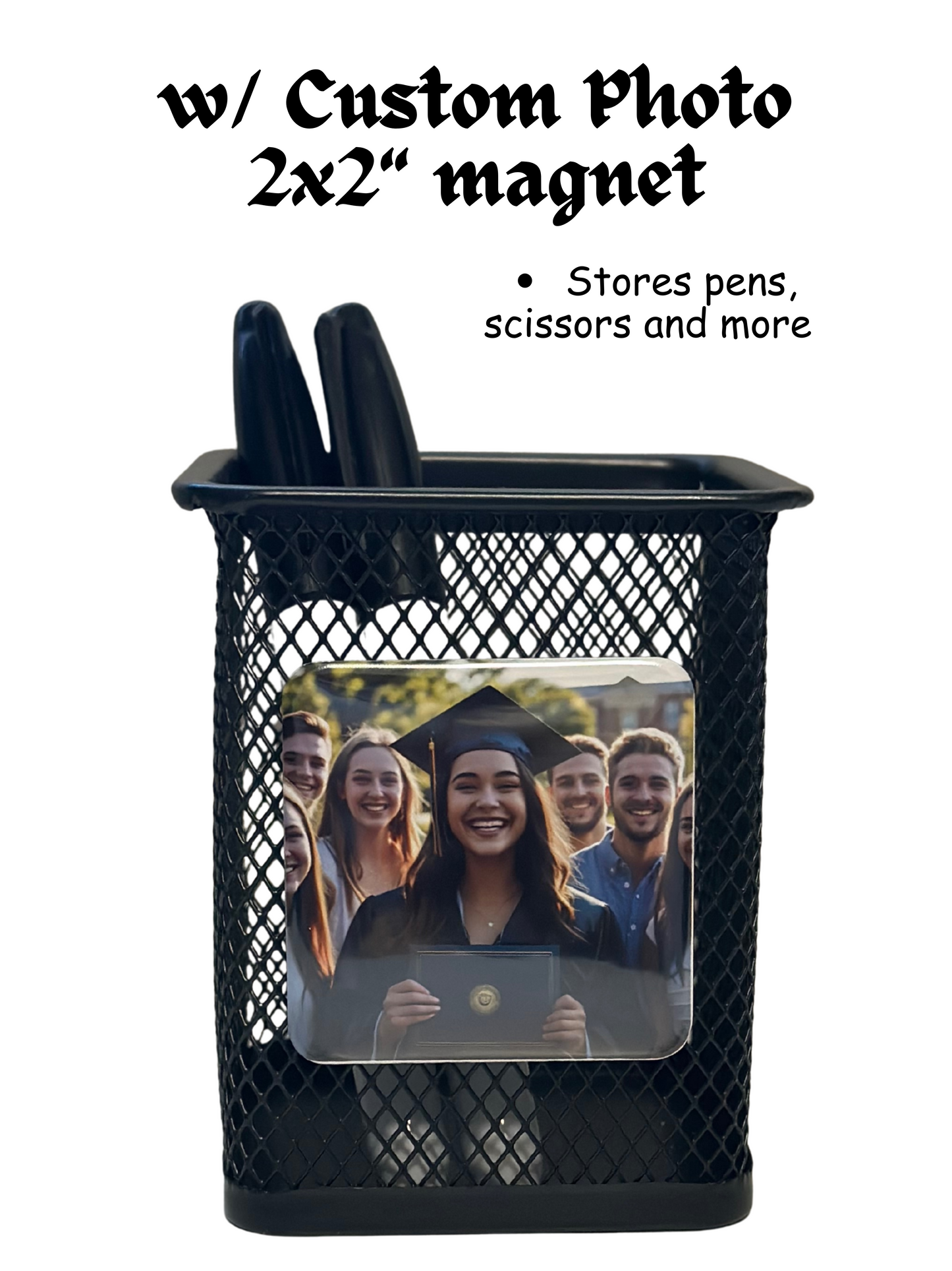 Mesh Pen Holder with Custom Photo magnet (2x2") - Personalized Desk organizer