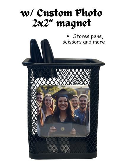 Mesh Pen Holder with Custom Photo magnet (2x2") - Personalized Desk organizer