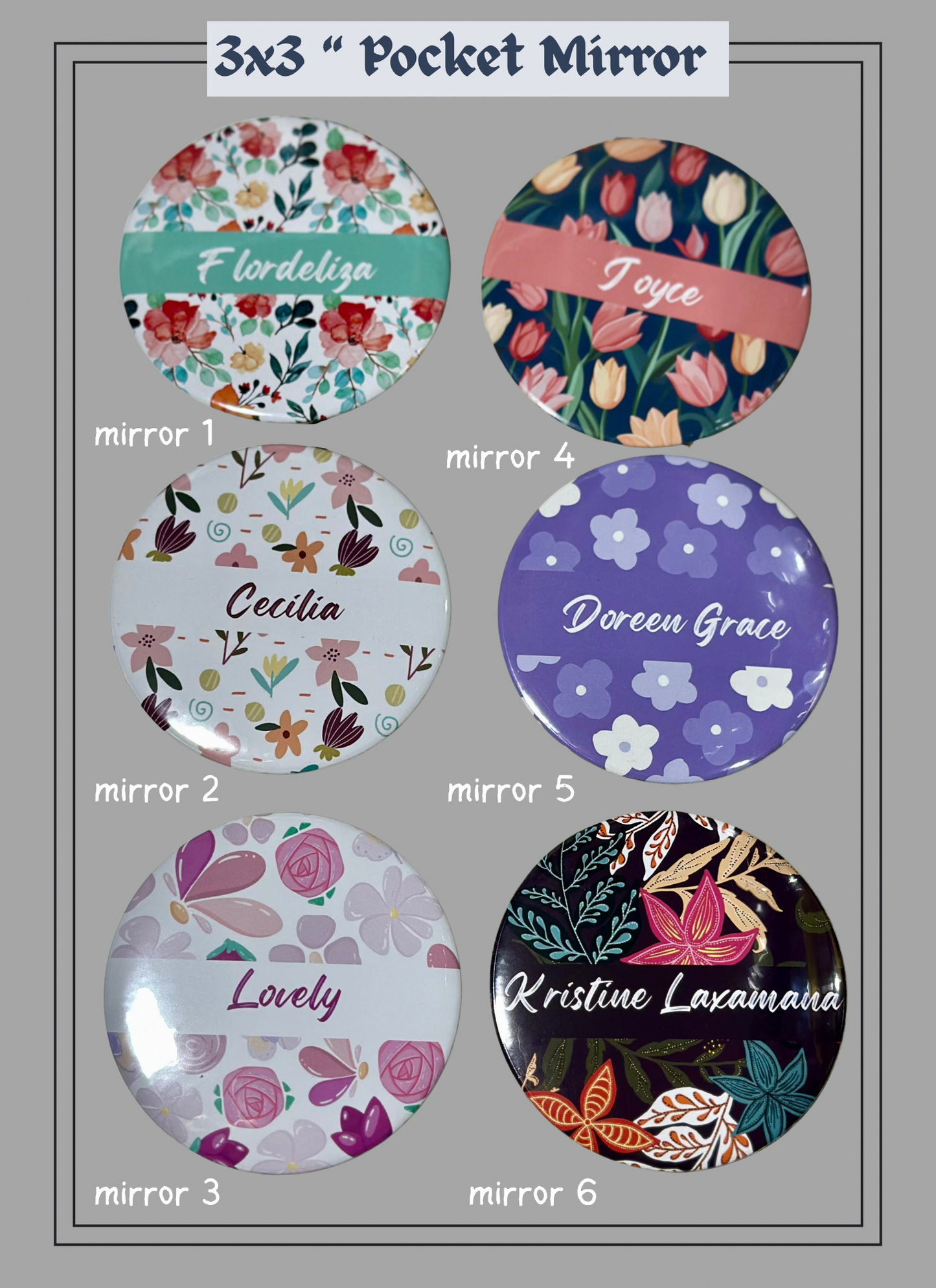 Set of 6 Custom Name 1 Side- Mirror 3x3” round | Custom gift | party Souvenir |Party Favors | giveaways | mixed or same design
