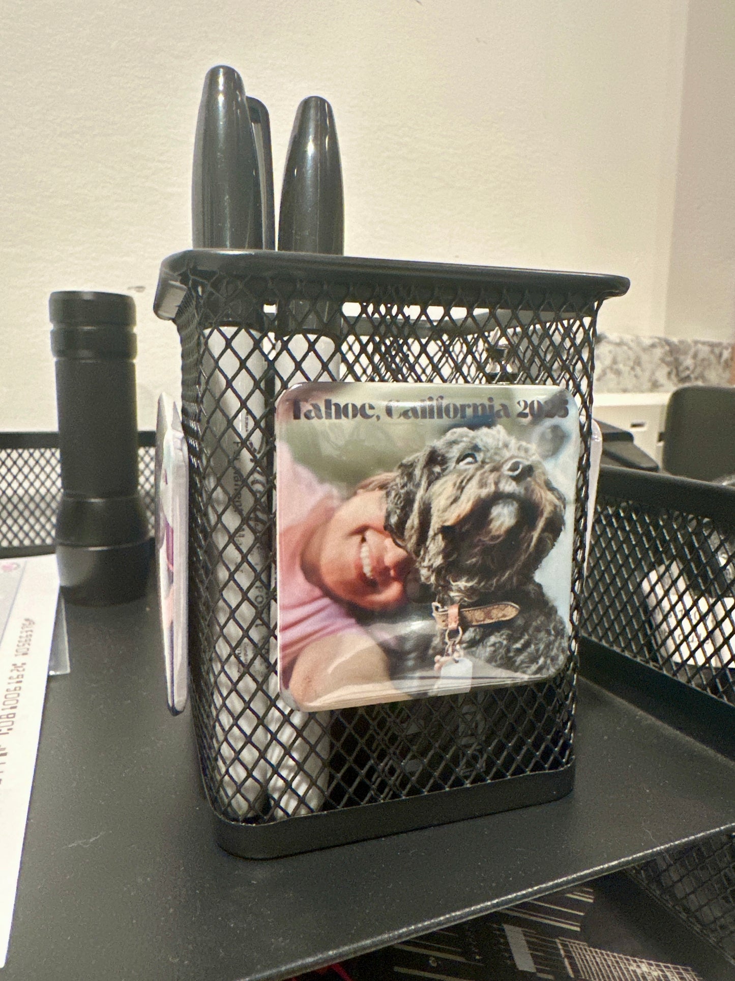 Mesh Pen Holder with Custom Photo magnet (2x2") - Personalized Desk organizer