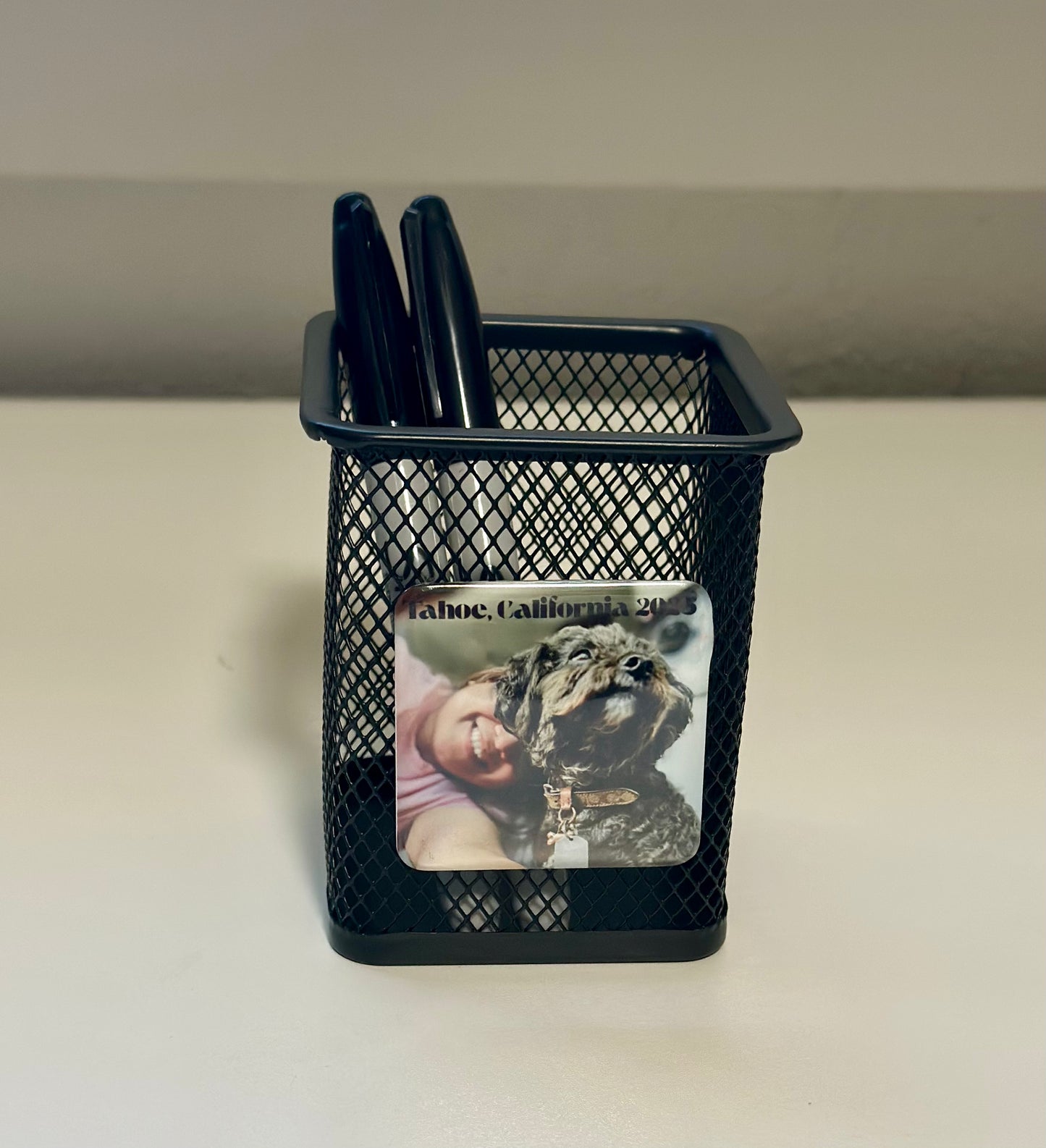 Mesh Pen Holder with Custom Photo magnet (2x2") - Personalized Desk organizer