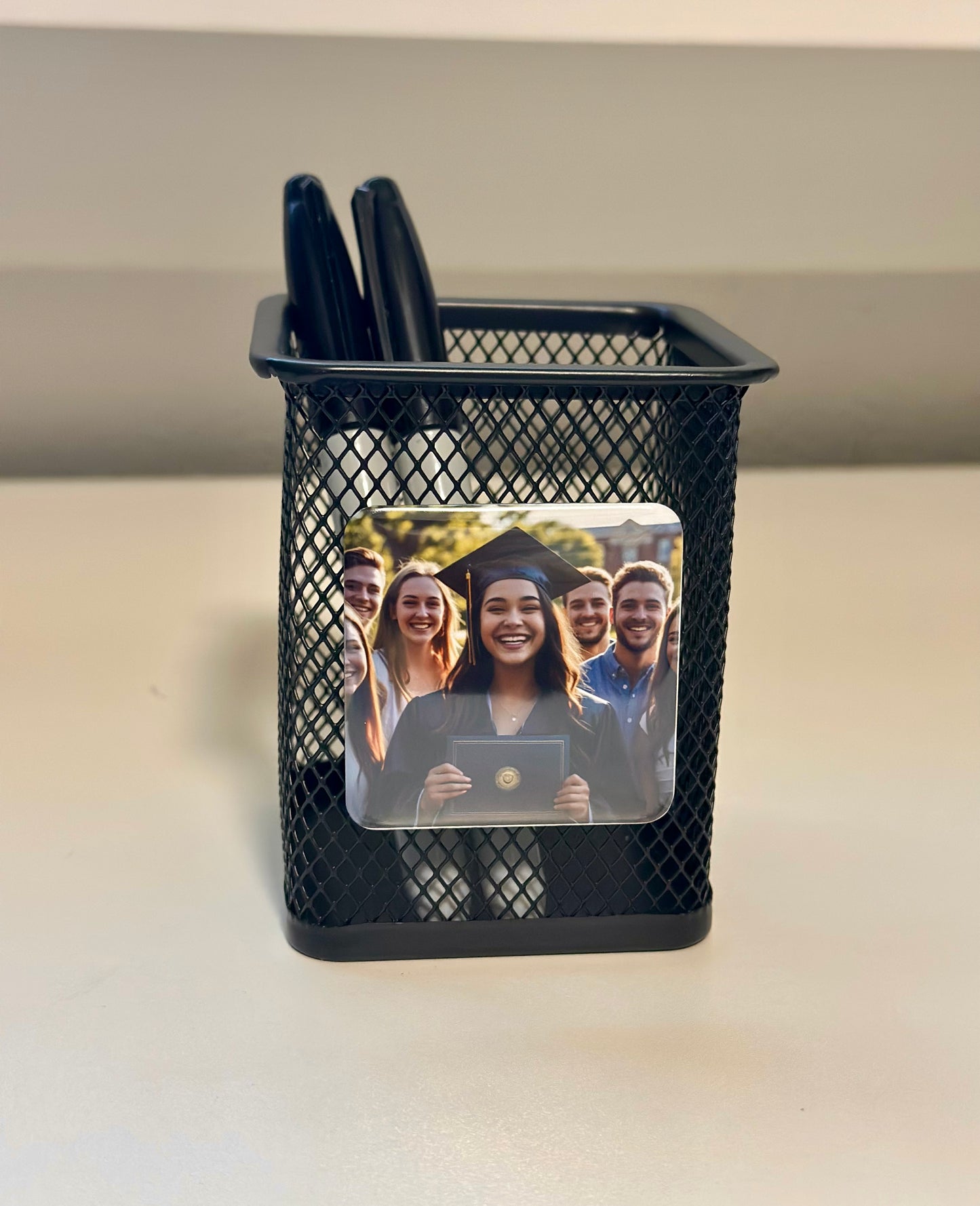Mesh Pen Holder with Custom Photo magnet (2x2") - Personalized Desk organizer