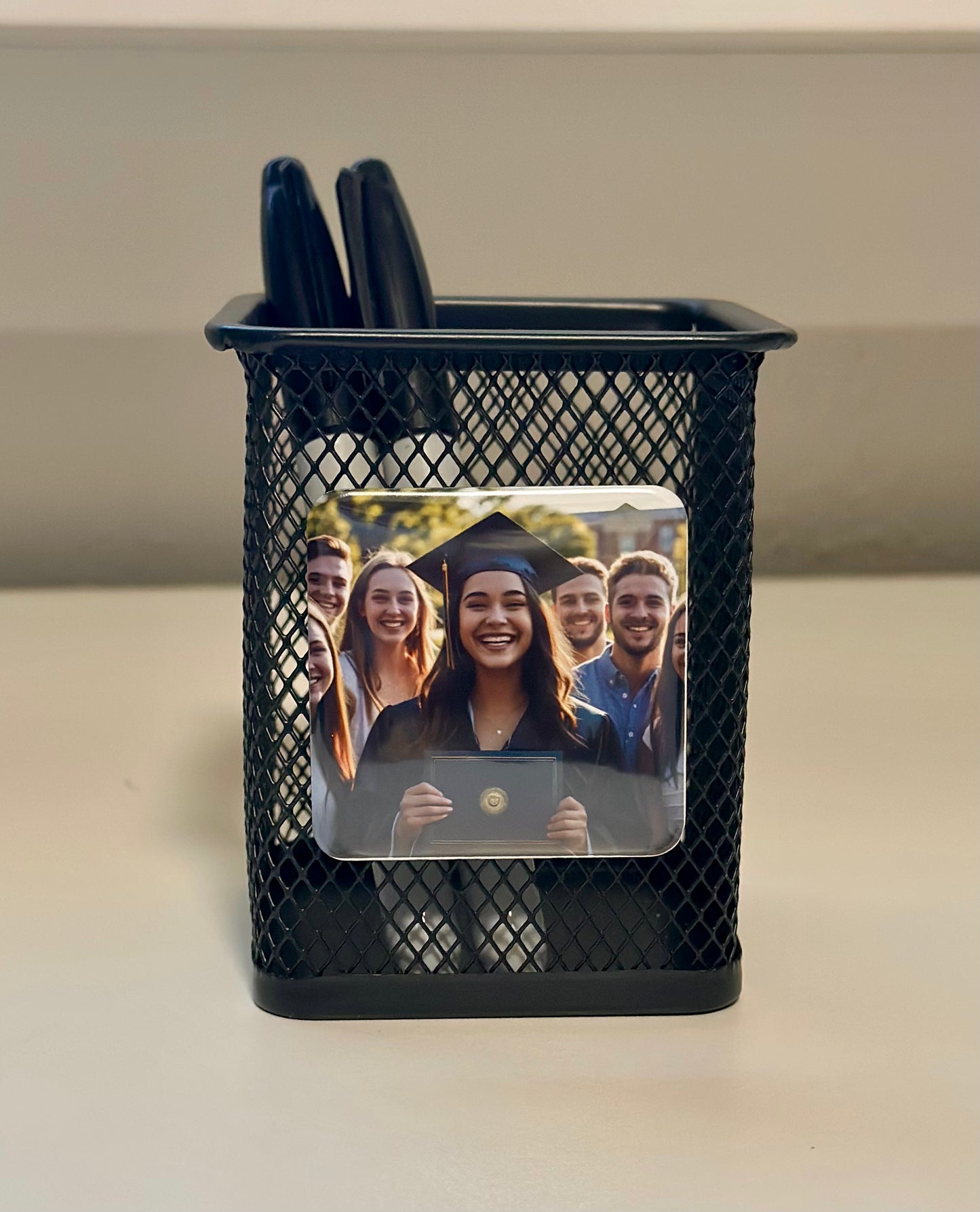 Mesh Pen Holder with Custom Photo magnet (2x2") - Personalized Desk organizer