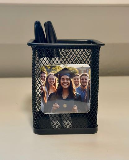 Mesh Pen Holder with Custom Photo magnet (2x2") - Personalized Desk organizer