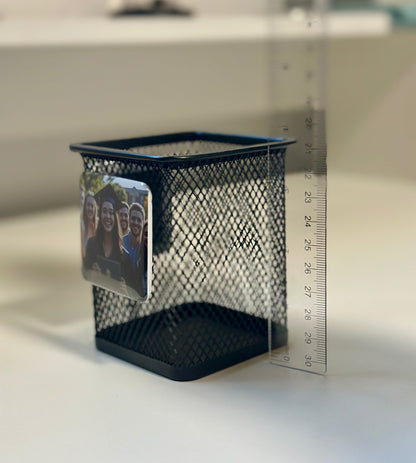 Mesh Pen Holder with Custom Photo magnet (2x2") - Personalized Desk organizer