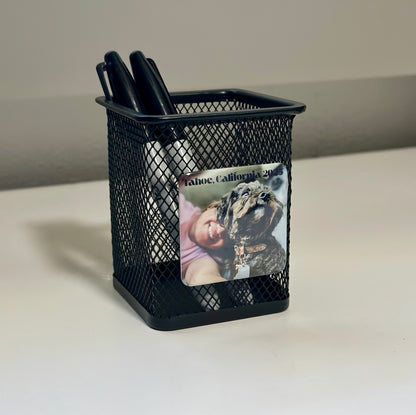Mesh Pen Holder with Custom Photo magnet (2x2") - Personalized Desk organizer