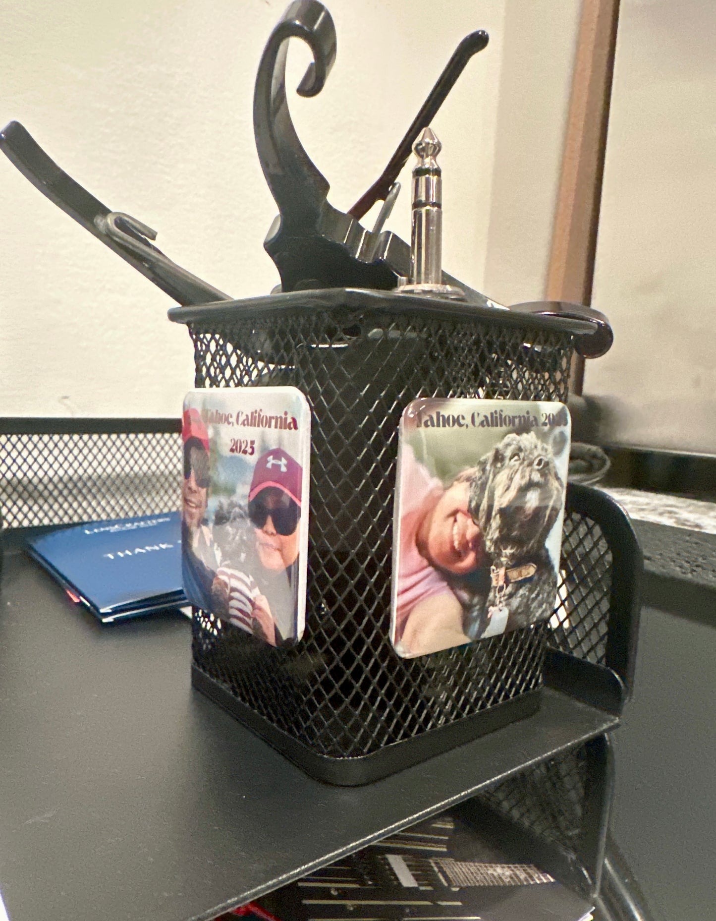 Mesh Pen Holder with Custom Photo magnet (2x2") - Personalized Desk organizer