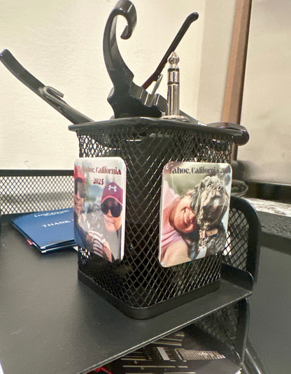 Mesh Pen Holder with Custom Photo magnet (2x2") - Personalized Desk organizer